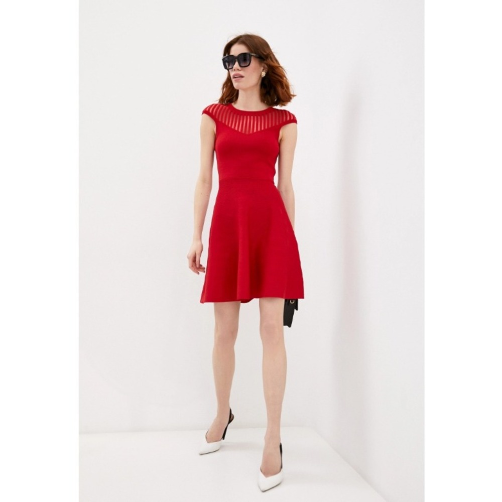 French Connection Sundae Fit and Flare Dress Mesh Yoke Cap Sleeve Red Small 6